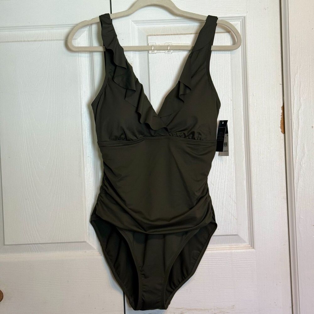 NWT Lauren Ralph Lauren Core/Ruffle Surplice/One-Piece Swimsuit Dark Olive12